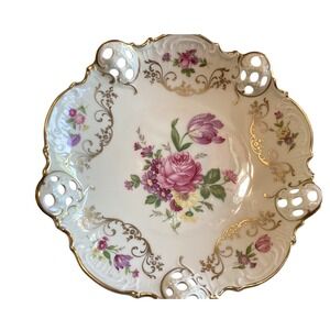 Rosenthal Kronach Germany Moliere Floral Reticulated Porcelain Bowl Gold Gilt